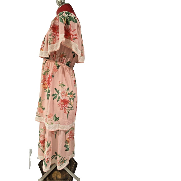 Lulus M Peachy Pink Off The Shoulder Peasant Style Sun Dress Floral Ruffles Lace - Picture 4 of 10